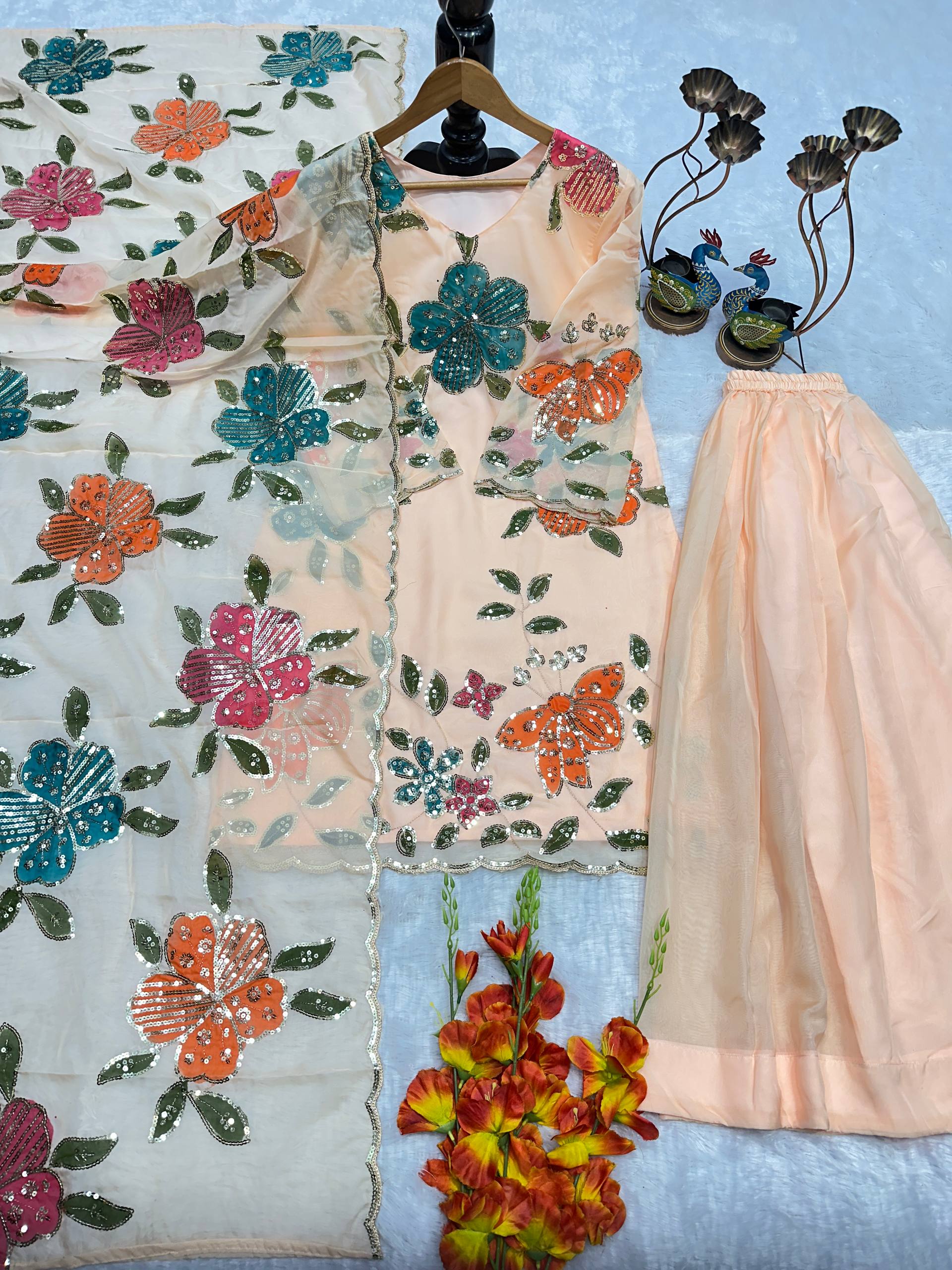 Urban Cream Pastel-Embroidered Sharara Set